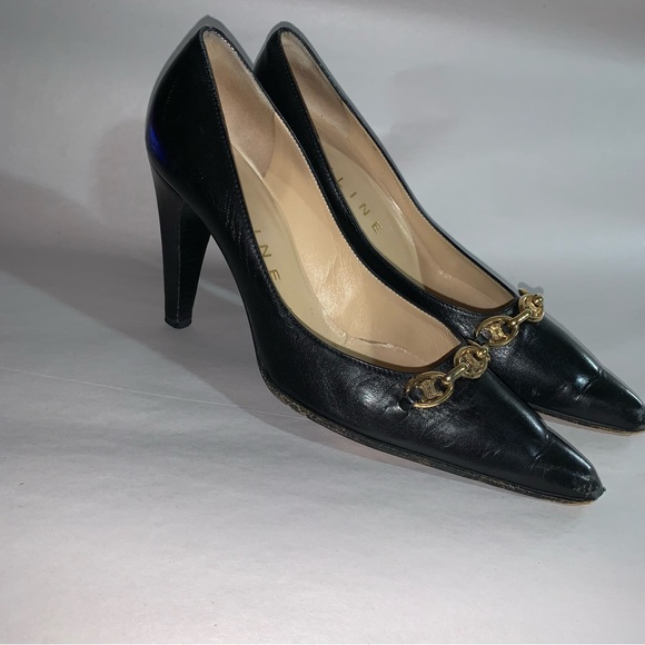 CÉLINE size 36B black calfskin leather PUMPS w/14k gold plated Macadam CHAINLINK - Picture 4 of 12
